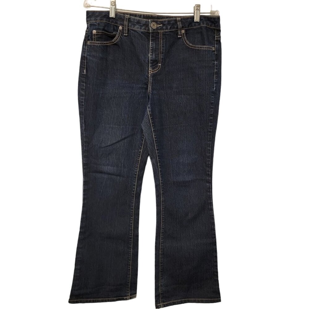 Calvin Klein Womens Bootcut Jeans Size 12 Blue Embroidered Pockets Frayed Hem